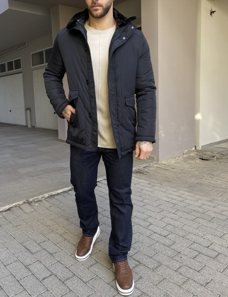 Ανδρικό μπλε μπουφάν με αποσπώμενο γιακά και κουμπιά 444B φωτογραφία